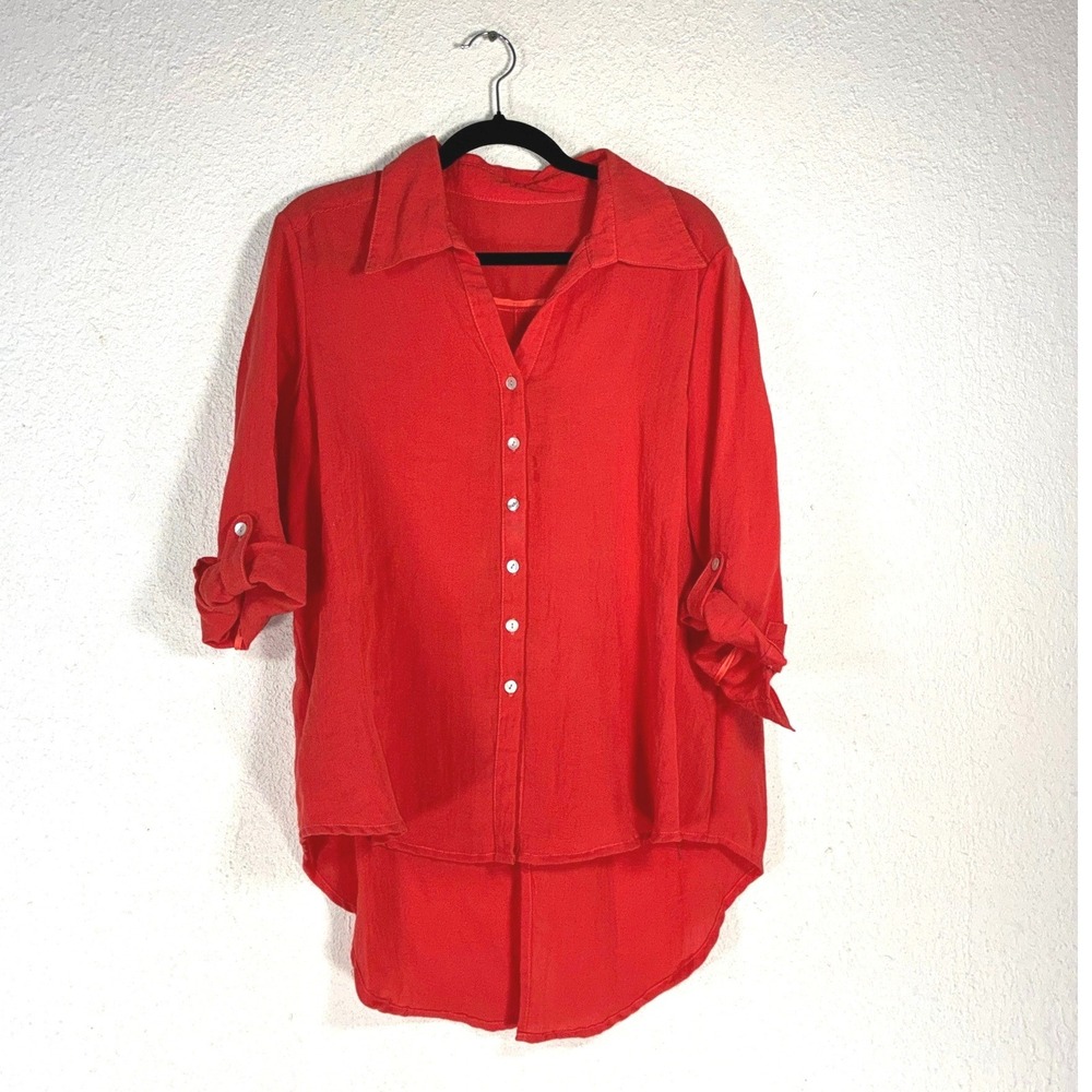 Fridaze Red 100% Linen Roll Tab Sleeve High Low Split Back Button Down Shirt L